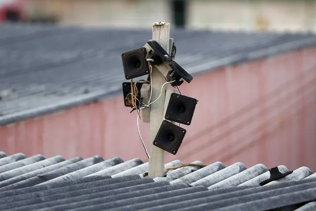 Speakers are pictured on a roof at the Swiftlet Eco Park in Perak, northern Malaysia, February 14, 2015. (Photo by Olivia Harris/Reuters)