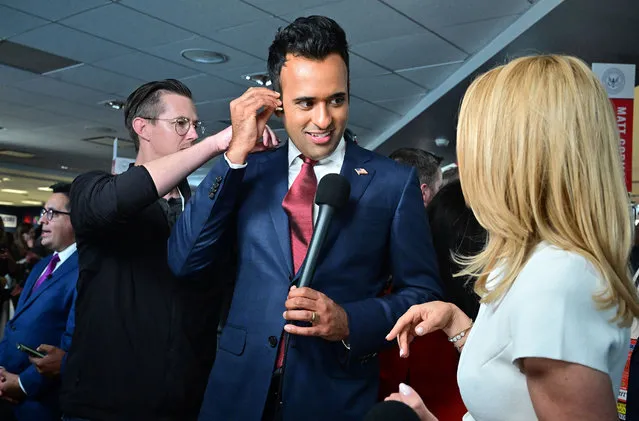 Entrepreneur Vivek Ramaswamy speaks to journalists in the spin room following the second Republican presidential primary debate at the Ronald Reagan Presidential Library in Simi Valley, California, on September 27, 2023. (Photo by Frederic J. Brown/AFP Photo)