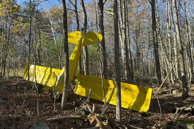 A yellow single-engine plane rests nose-down in a wooded area after crashing a mile away from Limington-Harmon Airport on Thursday, November 16, 2013, in Limington, Maine. Medical personnel evaluated the pilot and he was eventually transported to the hospital for minor injuries. (Photo by Maine State Police via AP Photo)