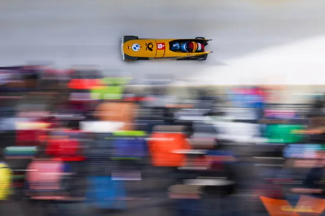 Francesco Friedrich and Alexander Schueller of Germany in action during the third run of the Men's Two Man Bobsleigh World Championship in Winterberg, Germany, 25 February 2024. (Photo by Christopher Neundorf/EPA)