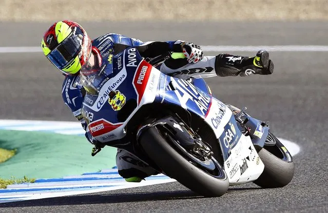 Spanish MotoGP rider Hector Barbera of the Avintia Racing team in action during the first practice session of the Spanish Motorcycling Grand Prix at the circuit of Jerez, southern Spain, 22 April 2016. The Motorcycling Grand Prix of Spain will take place in Jerez on 24 April 2016. (Photo by Roman Rios/EPA)
