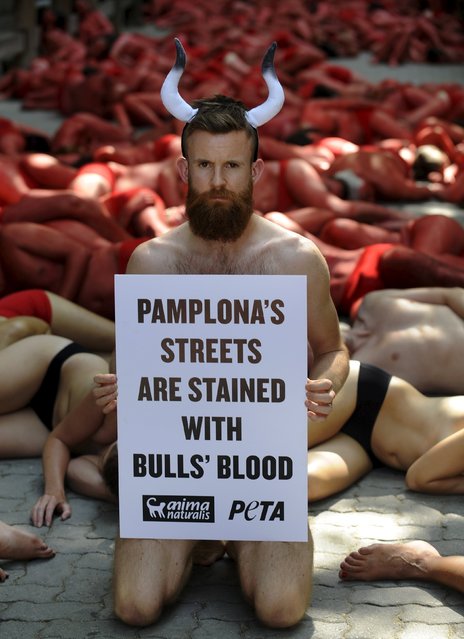 An animal rights protester demonstrates for the abolition of bull runs and bullfights, three days before the start of the famous running of the bulls San Fermin festival in Pamplona, northern Spain, July 4, 2015. (Photo by Eloy Alonso/Reuters)