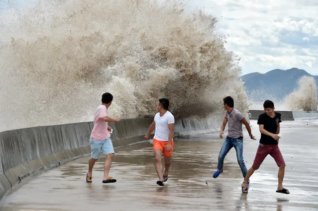 People dodge waves in Sansha Township of Xiapu, southeast China's Fujian Province, July 10, 2015. China is on highest alert as super typhoon Chan-Hom approaches the eastern coast at high speeds. The National Meteorological Center issued a red alert on Friday morning for Chan-Hom, whose center was spotted 550 km southeast off the coast of Zhejiang Province at 5 a.m. (Photo by Jiang Kehong/Xinhua)