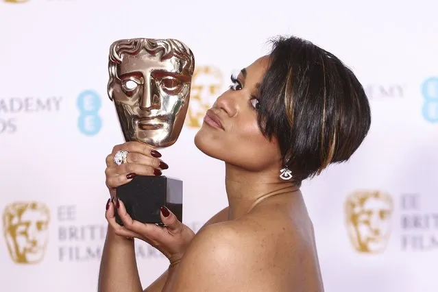 American actress Ariana Debose holds her Supporting Actress award for her role in the film 'West Side Story' at the 75th British Academy Film Awards, BAFTA's, in London Sunday, March 13, 2022. (Photo by Joel C Ryan/Invision/AP Photo)
