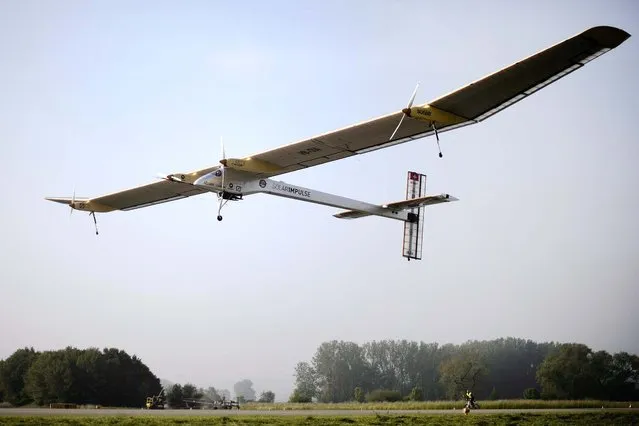 Company CEO Andre Borschberg pilots the experimental aircraft Solar Impulse  for its first intercontinental flight to Morocco from an airbase in Payerne, Switzerland on May 25, 2012