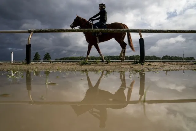 A rider walks their horse along a muddy track during training before the 154th running of the Belmont Stakes horse race, Thursday, June 9, 2022, in Elmont, N.Y. (Photo by John Minchillo/AP Photo)