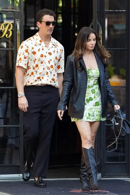 American actor Miles Teller and wife Keleigh Sperry are spotted out in downtown Manhattan on June 14, 2022. The 35 year old Top Gun: Maverick star wore a floral shirt, grey trousers, and tasseled loafers. (Photo by The Image Direct)