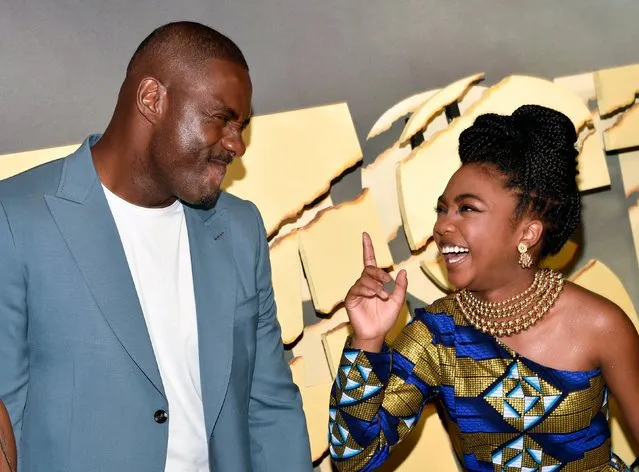 Actors Idris Elba, left, and Leah Jeffries share a moment at the world premiere of “Beast”, at the Museum of Modern Art on Monday, August 8, 2022, in New York. (Photo by Evan Agostini/Invision/AP Photo)