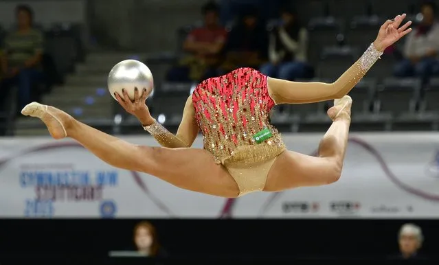 Russia's Margerita Mamun performs with the ball  in the individual qualifications at the World Rhythmic Gymnastics Championships in Stuttgart, southwestern Germany, on September 7, 2015. (Photo by Thomas Kienzle/AFP Photo)