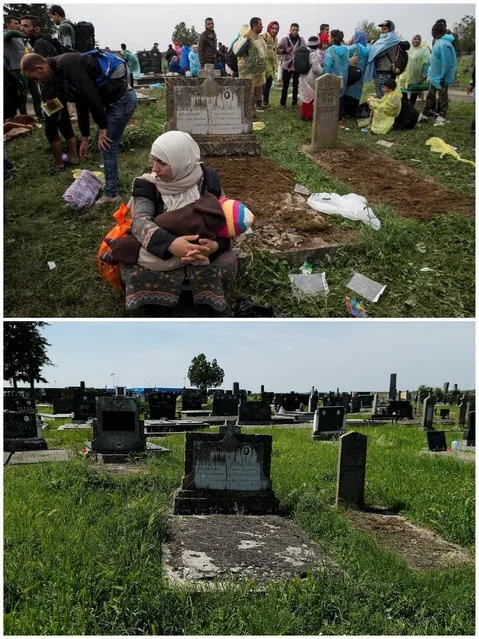 A combination picture shows migrants standing in a cemetery as they are waiting to board buses, after crossing the border from Serbia, near Tovarnik, Croatia September 24, 2015 (top) and the same location May 27, 2016. (Photo by Marko Djurica (top)/Antonio Bronic/Reuters)