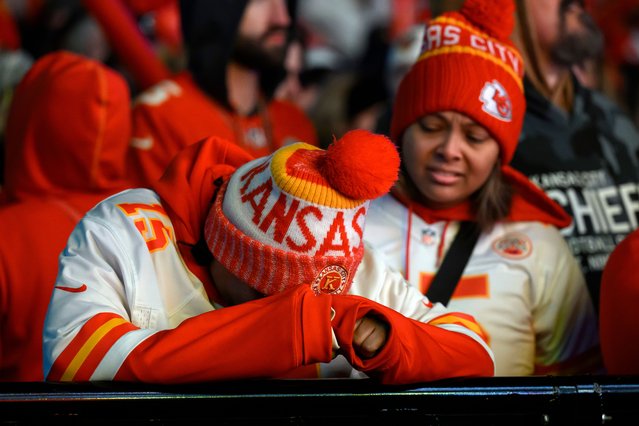 Kansas City Chiefs fans react to an interception by the Philadelphia Eagles during the second quarter at a Super Bowl 59 watch party at the Power and Light District, Sunday, February 9, 2025, in Kansas City, Mo. (Photo by Reed Hoffmann/AP Photo)