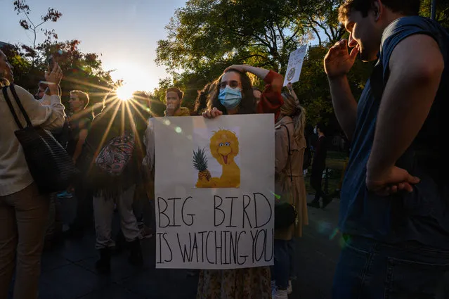 Members of the “Birds Aren't Real” moment hold placards as they attend a rally against “bird drone surveillance” at Washington square park in New York city on October 15, 2022. (Photo by Ed Jones/AFP Photo)