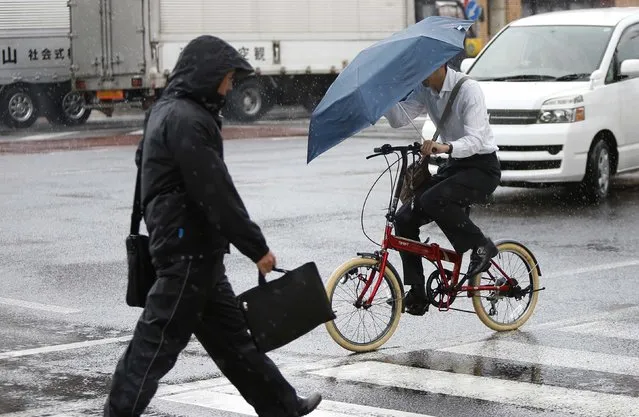 A pedestrian wearing a rain jacket and a man holding an umbrella while riding on a bicycle, cross a street during rain caused by Typhoon Phanfone in Tsu, Mie Prefecture, western Japan  October 6, 2014. (Photo by Yuya Shino/Reuters)