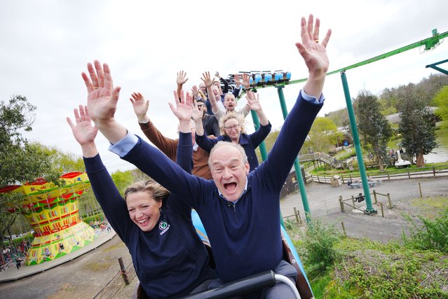 Liberal Democrats leader Sir Ed Davey rides on a rollercoaster during a visit to the BIG Sheep theme park in Bideford, Devon, UK, whilst on the local election campaign trail on Thursday, April 17, 2025. (Photo by Ben Birchall/PA Wire)