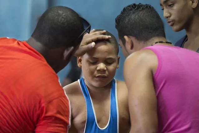 A child cries next to his coaches after losing a fight at a local wrestling tournament in Havana, November 1, 2014. (Photo by Alexandre Meneghini/Reuters)