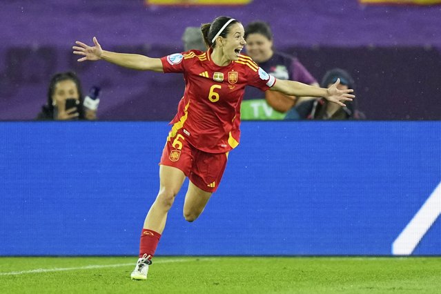 Spain's Aitana Bonmati celebrates after scoring her sides first goal during the Women's Euro 2025 semifinals soccer match between Germany and Spain at Stadion Letzigrund in Zurich, Switzerland, Wednesday, July 23, 2025. (Photo by Martin Meissner/AP Photo)