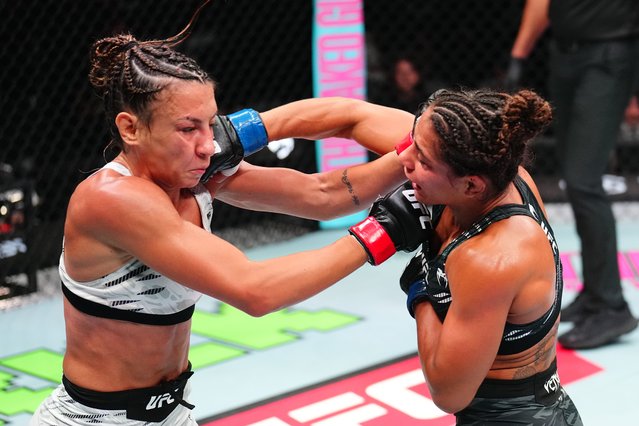 (R-L) Tabatha Ricci of Brazil punches Amanda Ribas of Brazil in a strawweight fight during the UFC Fight Night event at Etihad Arena on July 26, 2025 in Abu Dhabi, United Arab Emirates. (Photo by Chris Unger/Zuffa LLC)