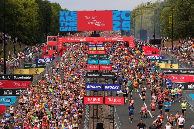 The elite men and mass start is seen as runners participate in the 44th Great North Run on September 7, 2025 in Newcastle upon Tyne, England. The Great North Run is the world’s biggest half marathon, attracting 60,000 runners each year to its iconic 13.1 mile route from Newcastle to South Shields. (Photo by Ian Forsyth/Getty Images)