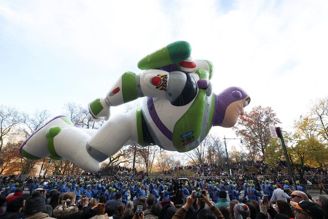 The Buzz Lightyear balloon flies during the Macy's Thanksgiving Day Parade 2025, in New York City, U.S., November 27, 2025. (Photo by Brendan McDermid/Reuters)
