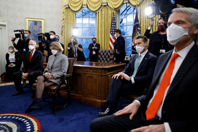 Republican senators look on during a meeting with U.S. President Joe Biden and Vice President Kamala Harris, not pictured, to discuss coronavirus disease (COVID-19) federal aid legislation inside the Oval Office at the White House in Washington, U.S., February 1, 2021. (Photo by Tom Brenner/Reuters)
