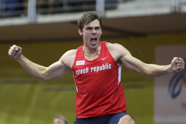 Adam Helcelet of the Czech Republic reacts after competing in the men's heptathlon pole vault event during the European Indoor Championships in Prague March 8, 2015. REUTERS/David W Cerny (CZECH REPUBLIC  - Tags: SPORT ATHLETICS)  