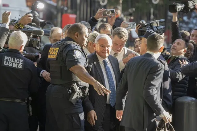 Democratic U.S. Sen. Bob Menendez of New Jersey arrives to the federal courthouse in New York, Wednesday, September 27, 2023. Menendez is due in court to answer to federal charges alleging he used his powerful post to secretly advance Egyptian interests and carry out favors for local businessmen in exchange for bribes of cash and gold bars. (Photo by Jeenah Moon/AP Photo)