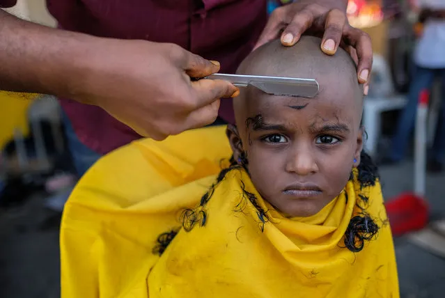 A young girl has her head shaved before taking part in a procession to a sacred temple during the Thaipusam festival in Batu Caves, Malaysia on January 25, 2016. (Photo by NurPhoto/Rex Features/Shutterstock)