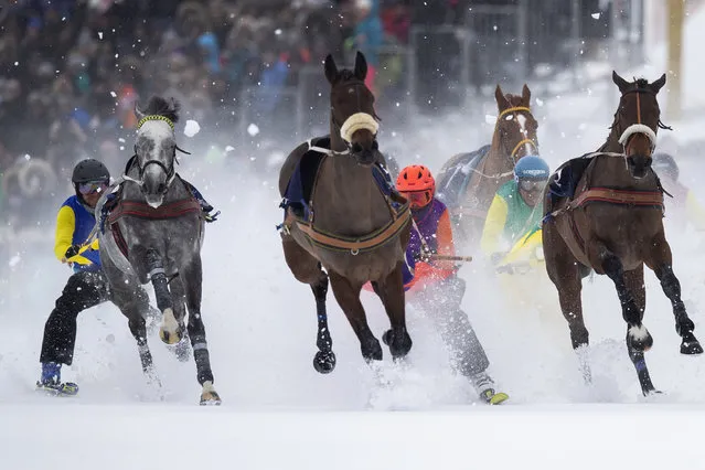 Leo Luminati with Epako (L) Valeria Selina Walther with Get Ready Freddy (C) and Franco Moro with Lips Legend (R) in action during the Grand Prix Credit Suisse on the frozen lake on the second weekend of the White Turf races in St. Moritz, Switzerland, 10 February 10, 2019. (Photo by Peter Klaunzer/EPA/EFE)