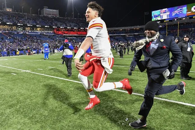 Kansas City Chiefs quarterback Patrick Mahomes (15) reacts after defeating the Buffalo Bills in an NFL AFC division playoff football game, Sunday, January 21, 2024, in Orchard Park, N.Y. (Photo by Adrian Kraus/AP Photo)