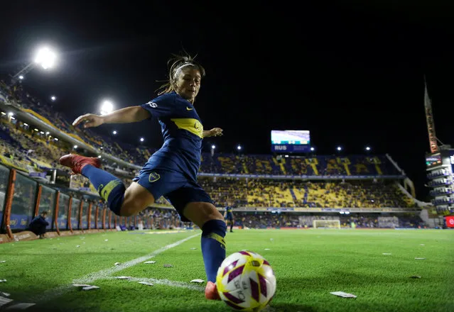 Boca Juniors' Fabiana Vallejos in action during a Women's League football match to commemorate the International Women's Day, at the La Bombonera stadium before the Superliga Argentina football match between Boca Juniors and San Lorenzo, in Buenos Aires, on March 9, 2019. (Photo by Agustin Marcarian/Reuters)