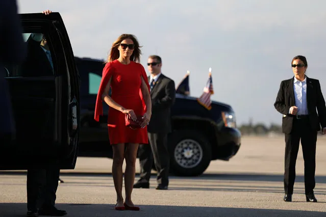 First Lady Melania Trump arrives to welcome U.S. President Donald Trump (not pictured) at West Palm Beach International airport in West Palm Beach, Florida, U.S., February 3, 2017. (Photo by Carlos Barria/Reuters)