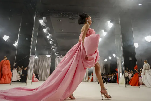 A model wears a creation as part of the Giambattista Valli Haute Couture Spring-Summer 2023 collection presented in Paris, Monday, January 23, 2023. (Photo by Lewis Joly/AP Photo)
