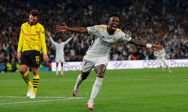 Vinicius Junior player of Real Madrid celebrates after scoring his team's second goal during the UEFA Champions League 2023/24 final match between Borussia Dortmund v Real Madrid CF at Wembley Stadium on June 01, 2024 in London, England. (Photo by Tom Jenkins/The Observer)