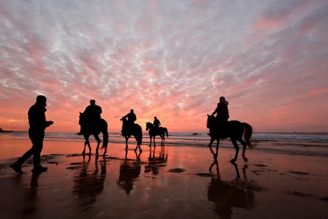 Palestinians ride horses on a beach, in Gaza City on January 21, 2022. (Photo by Mohammed Salem/Reuters)