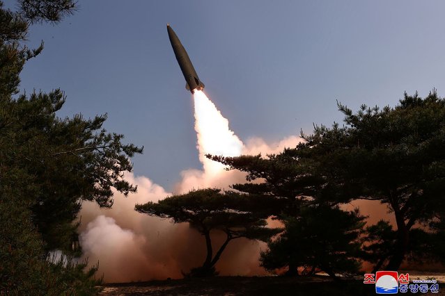 This picture taken on May 17, 2024 and released from North Korea's official Korean Central News Agency (KCNA) on May 18, 2024 shows a test fire of a tactical ballistic missile into which a new autonomous navigation system is introduced in the East Sea of Korea, at an undisclosed location in North Korea. (Photo by KCNA via KNS/AFP Photo)