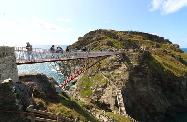 A view of the controversial new footbridge in Cornwall, England on August 12, 2019, reconnecting both halves of Tintagel Castle for the first time in 500 years. The site has long been rumoured to be the site of King Arthur’s legendary Camelot. (Photo by Keith Mayhew/Sopa/Rex Features/Shutterstock)