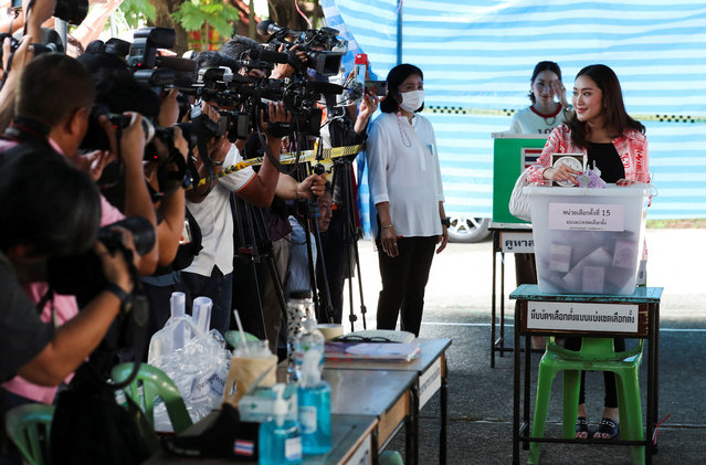 Prime ministerial candidate Paetongtarn Shinawatra, daughter of the former PM Thaksin Shinawatra, votes in the general election in Bangkok, Thailand on May 14, 2023. (Photo by Reuters/Stringer)