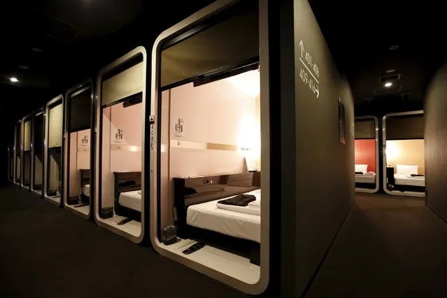 “Business-class” cabins are seen at First Cabin hotel, which was converted from an old office building, in Tokyo, July 3, 2015. (Photo by Toru Hanai/Reuters)