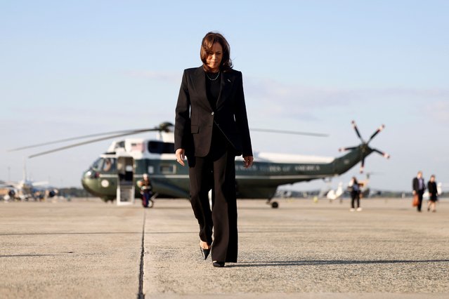 US Democratic presidential nominee and Vice President Kamala Harris walks to board Air Force Two as she departs for New York at Joint Base Andrews, Maryland, on October 7, 2024. (Photo by Evelyn Hockstein/Pool via AFP Photo)