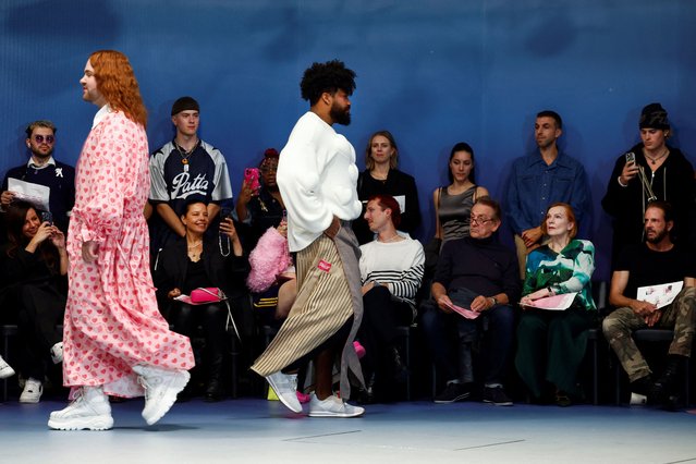 Models present creations by designer Ruben Jurrien from his collection “Super Femboyant”, during Amsterdam Fashion Week in Amsterdam, Netherlands on September 1, 2023. (Photo by Piroschka van de Wouw/Reuters)