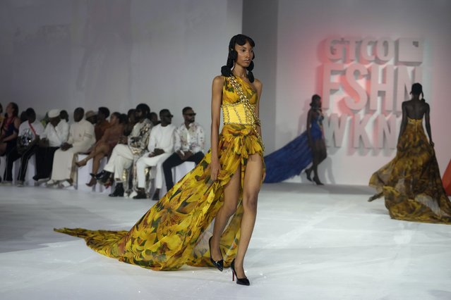 A model wears a creation by designer Gert-Johan during the GTCO Fashion Weekend in Lagos, Nigeria, Saturday, November 9, 2024. (Phoot by Sunday Alamba/AP Photo)