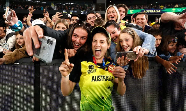 Sophie Molineux of Australia celebrate victory during the ICC Women's T20 Cricket World Cup Final match between India and Australia at the Melbourne Cricket Ground on March 08, 2020 in Melbourne, Australia. (Photo by Ryan Pierse/Getty Images)
