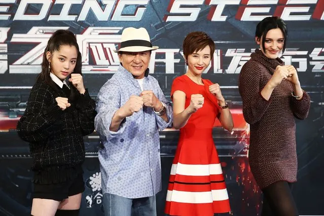 Nana Ouyang, Jackie Chan, Erica Xia-hou and Tess Haubrich during a press conference and photocall for Bleeding Steel at Sydney Opera House on July 28, 2016 in Sydney, Australia. (Photo by Brendon Thorne/Getty Images)