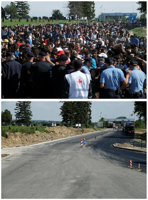 A combination picture shows policemen maintaining order as migrants are held to wait for buses at the border crossing between Serbia and Croatia near Tovarnik, Croatia September 21, 2015 (top) and the same location May 27, 2016. (Photo by Antonio Bronic/Reuters)