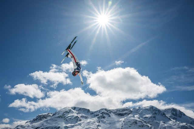 Canada's Marion Thenault warms up prior to the Mixed Team Aerials final event at the FIS Snowboard, Freestyle and Freeski World Championships 2025 in St Moritz, on March 27, 2025. (Photo by Fabrice Coffrini/AFP Photo)