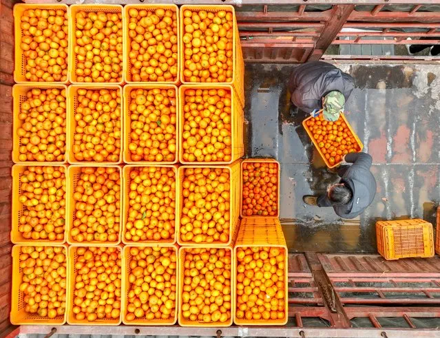 Farmers load crates of oranges onto a truck in a field on January 3, 2023 in Dao County, Yongzhou City, Hunan Province of China. (Photo by VCG/VCG via Getty Images)