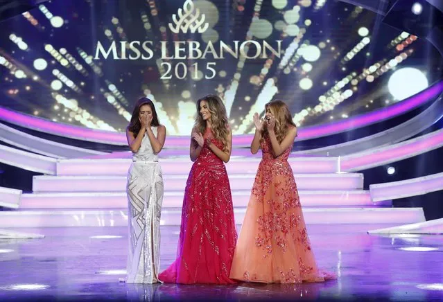 Valerie Abou Chacra (L) reacts after being announced as Miss Lebanon 2015 in Beirut October 12, 2015. Jocelyne Mosleh (C) and Cynthia Samuel (R) were both crowned as first runners-up. (Photo by Mohamed Azakir/Reuters)