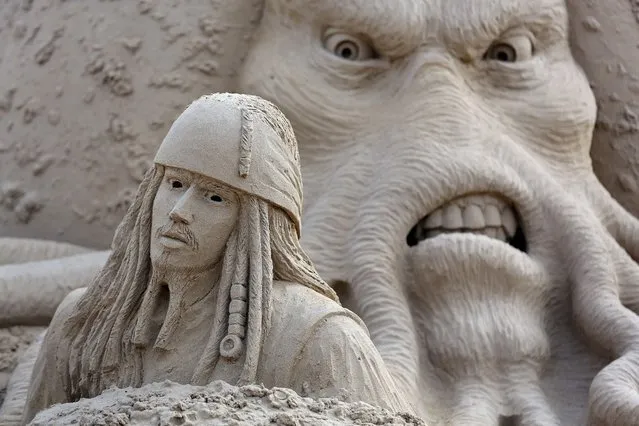 Detail of a sand sculpture of Pirates of the Caribbean  is seen as pieces are prepared as part of this year's Hollywood themed annual Weston-super-Mare Sand Sculpture festival on March 26, 2013 in Weston-Super-Mare, England. Due to open on Good Friday, currently twenty award winning sand sculptors from across the globe are working to create sand sculptures including Harry Potter, Marilyn Monroe and characters from the Star Wars films as part of the town's very own movie themed festival on the beach.  (Photo by Matt Cardy)