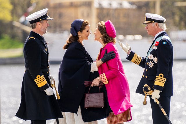 King Frederik X and Queen Mary of Denmark are received by King Carl XVI Gustaf and Queen Silvia of Sweden upon arrival to Skeppsbron in Stockholm, Sweden, 06 May 2024. The Danish royal couple is on their first state visit to Sweden, during which, the royal couple will among other things, meet Danish and Swedish astronauts, visit the fleet station Berga and attend a gala dinner at the Royal Palace. (Photo by Ida Marie Odgaard/EPA/EFE)