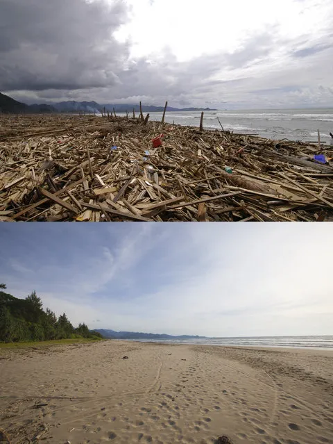 TOP IMAGE: A completely devastated village after the Tsunami in Lhok Sadey, 150 miles from southern Asia's massive earthquake's epicenter on Tuesday January 8, 2005 in Aceh, Indonesia. BOTTOM IMAG: A mostly unused beach prior to the ten year anniversary of the 2004 earthquake and tsunami on December 14, 2014 in Aceh, Indonesia. (Photo by Stephen Boitano/Barcroft Media)